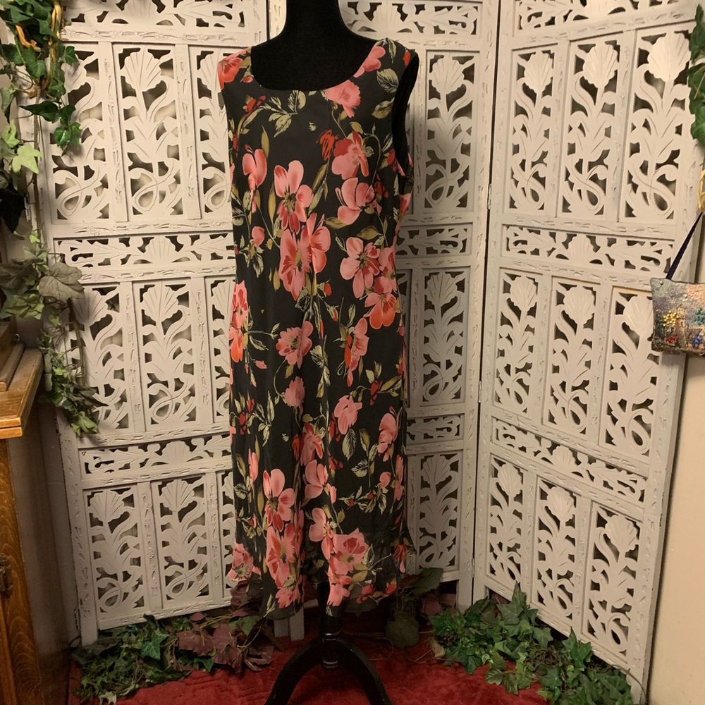 DRESS BARN PLUS PRETTY BLACK & PINK FLOWERS SLEEVELESS STRETCHY MIDI DRESS